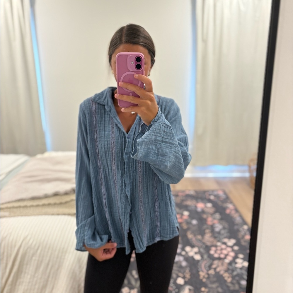 Anthropologie Blue Textured Button-Front Blouse